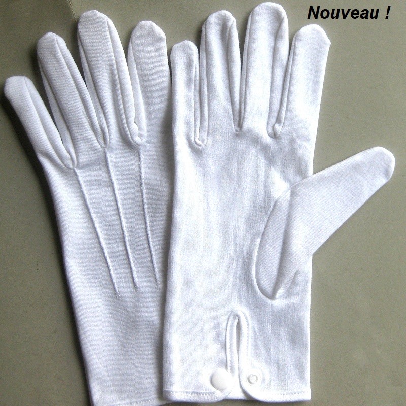 Gants blancs de cérémonie en coton épais à 3 nervures poignet fermé par  bouton-pression.