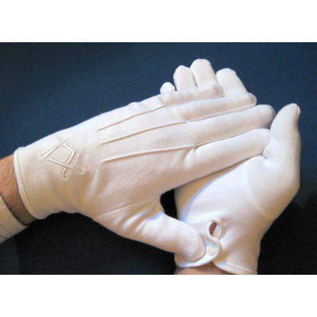 Gants blancs maçonniques coton épais brodés Equerre Compas